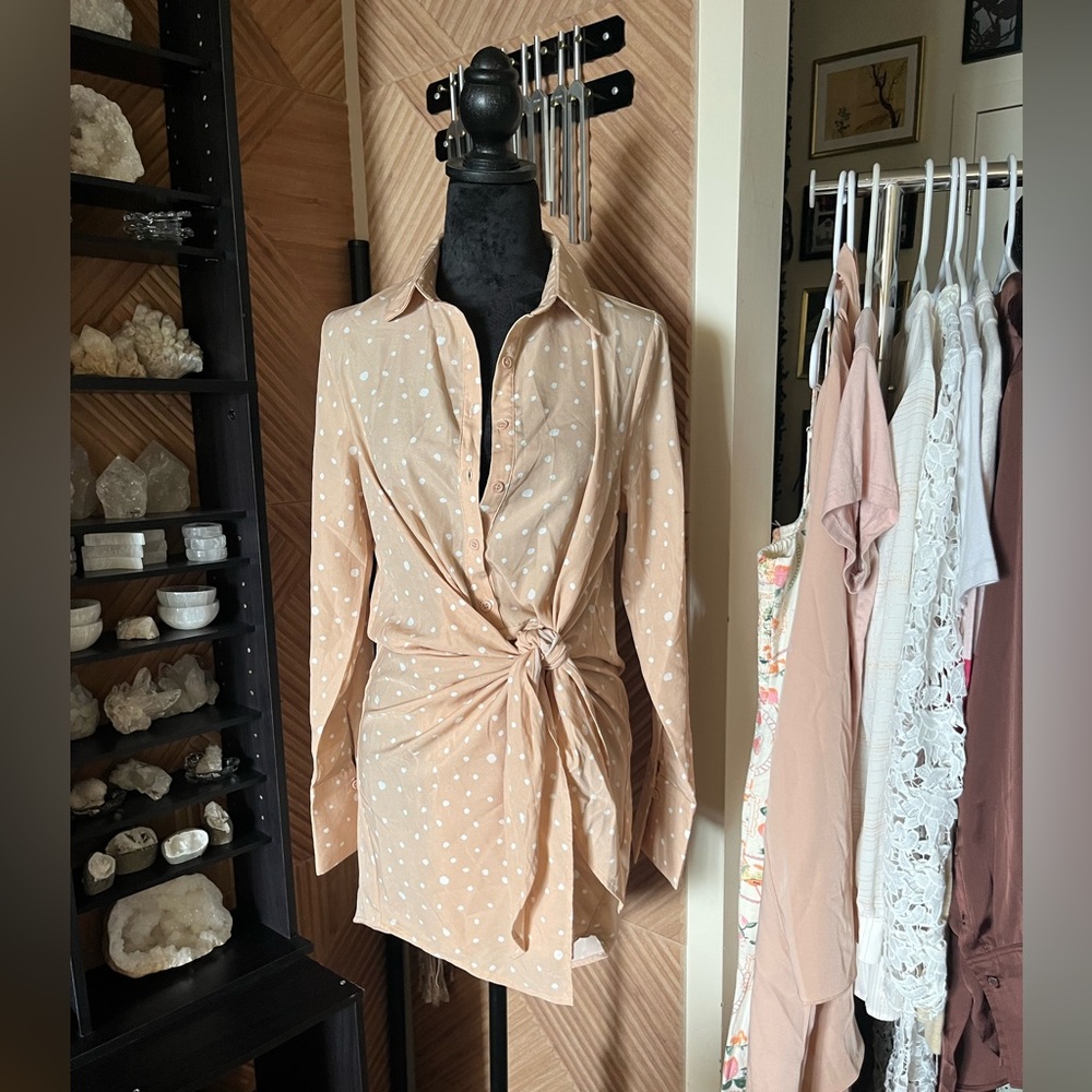 Polkadot Pink & White Tie Front Button Down Collared Dress Vine & Love